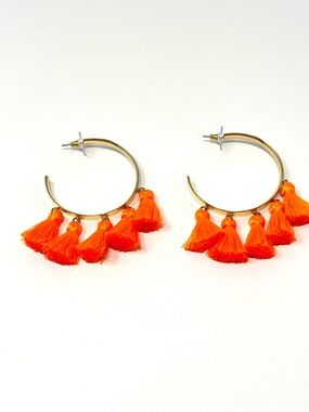 New Anthropologie Gold Hoop Orange Tassel Earrings